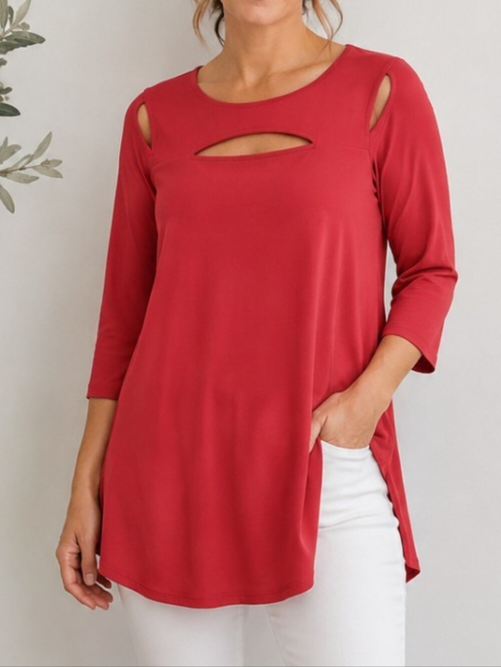 Sympli Womens Tunic Top Keyhole Cutouts 3/4 Sleeve Stretch Red Size 8